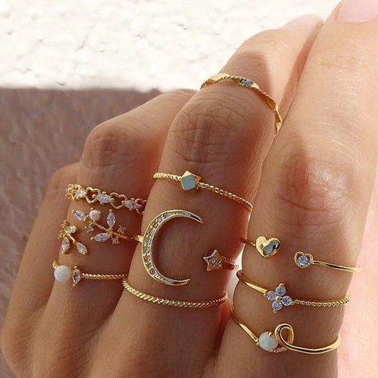 Set of 10 silver and gold-plated rings in boho style