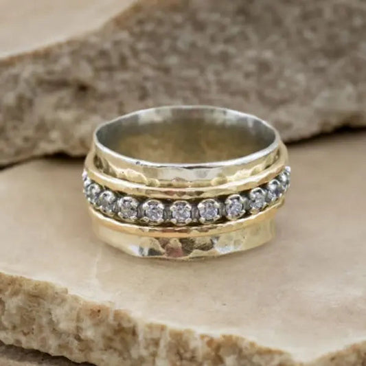 Gold and silver ring with zircons in vintage style