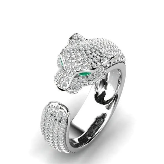 Adjustable jaguar ring in 18K silver and 18K rose gold with green zirconia eyes